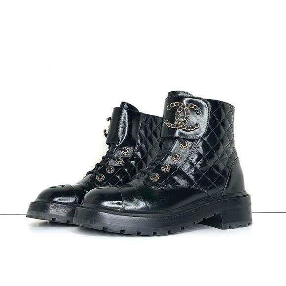 Chanel Brave Shiny Calfskin Quilted CC Chain Cap Toe Platform Short Boots 37 - Picture 2 of 11